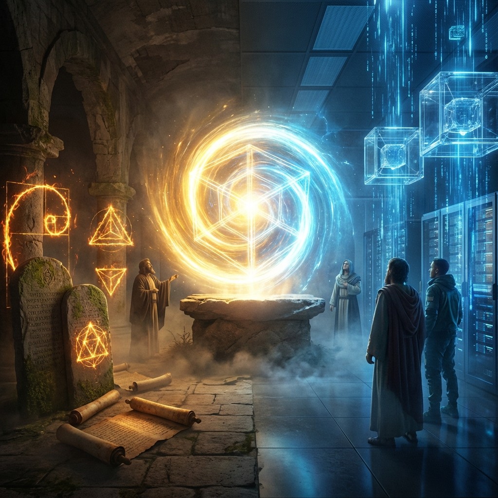 Ancient Golden Geometry merging with Blue Quantum Data into a Singularity
