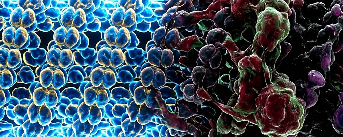 Healthy blue cells on one side giving way to dark, diseased tissue on the other