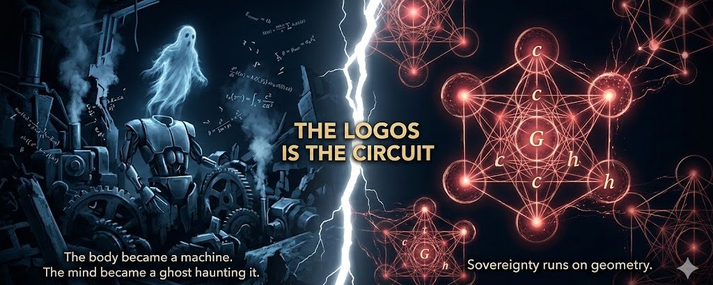 A ghost rising from a machine on one side and a glowing geometric lattice on the other, split by lightning