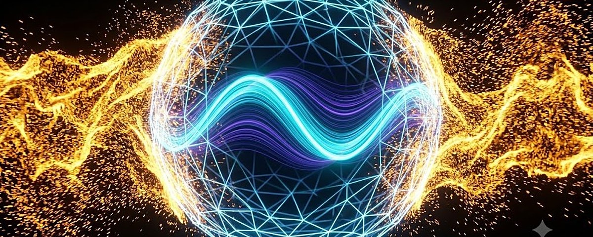 A glowing wave sealed inside a geodesic sphere, with sparks streaming from both sides