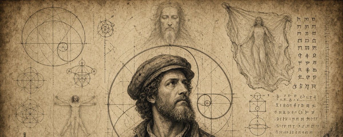 Sepia sketches of a Renaissance figure surrounded by geometric diagrams and ancient script
