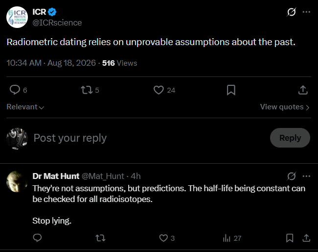 Screenshot of the X exchange between ICR and Dr. Mat Hunt on radiometric dating