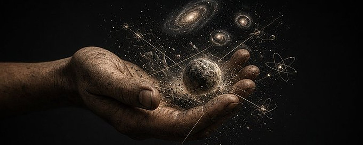 A weathered hand holding a planet, galaxies and atoms