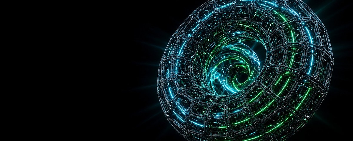 A glowing teal and green lattice torus spiraling into its center