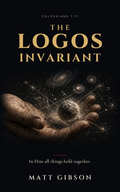 The Logos Invariant by Matt Gibson - a weathered hand holding a planet, galaxies and atoms